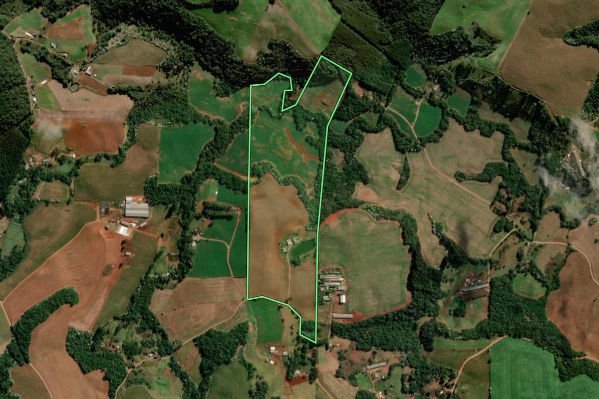 Imagem de satélite do imóvel rural em Francisco Beltrão (PR), com o contorno declarado no CAR desenhado por cima.