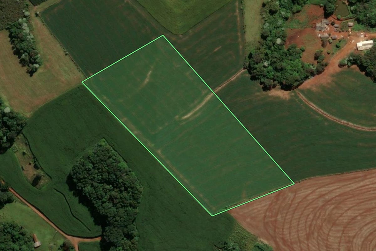 Imagem de satélite do imóvel rural em Francisco Beltrão (PR), com o contorno declarado no CAR desenhado por cima.