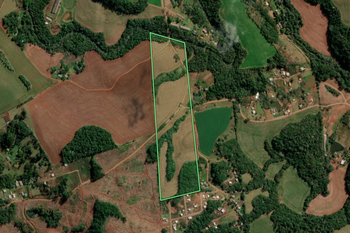Imagem de satélite do imóvel rural em Francisco Beltrão (PR), com o contorno declarado no CAR desenhado por cima.