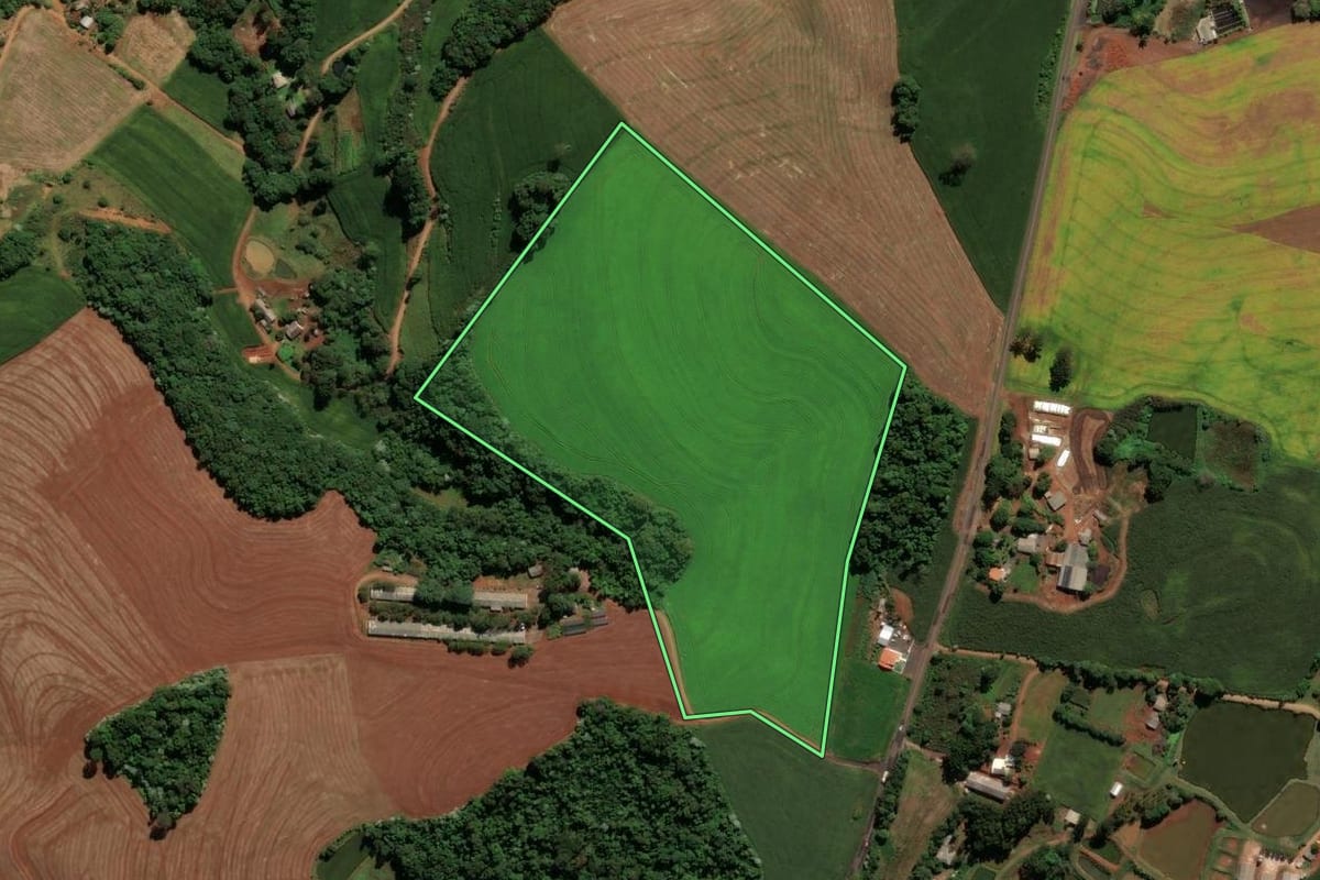 Imagem de satélite do imóvel rural em Francisco Beltrão (PR), com o contorno declarado no CAR desenhado por cima.