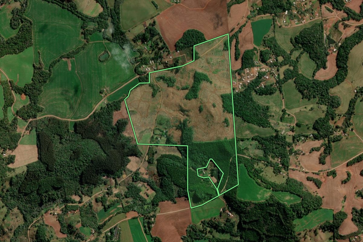 Imagem de satélite do imóvel rural em Francisco Beltrão (PR), com o contorno declarado no CAR desenhado por cima.