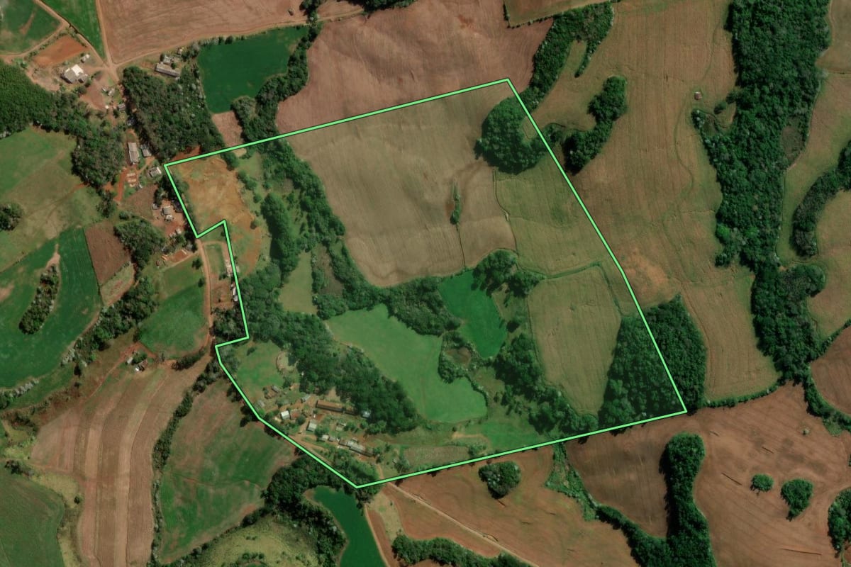 Imagem de satélite do imóvel rural em Francisco Beltrão (PR), com o contorno declarado no CAR desenhado por cima.