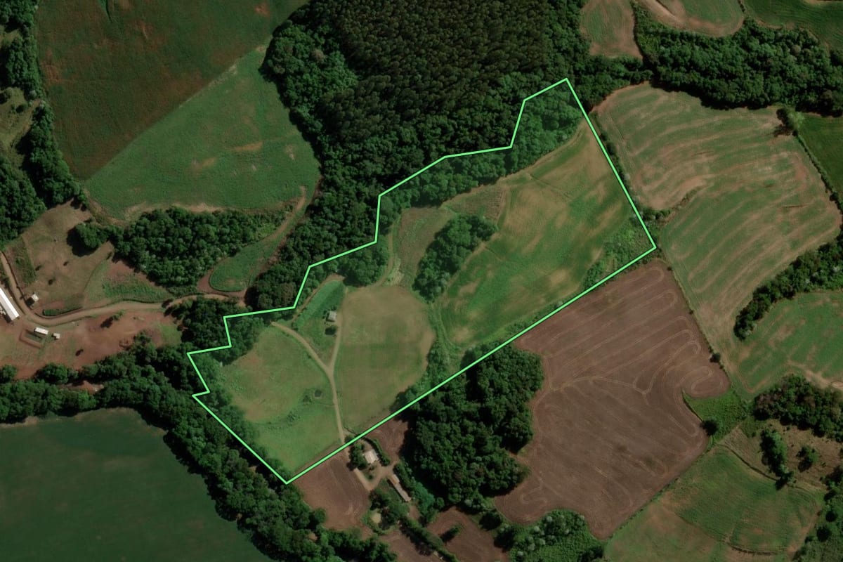 Imagem de satélite do imóvel rural em Francisco Beltrão (PR), com o contorno declarado no CAR desenhado por cima.