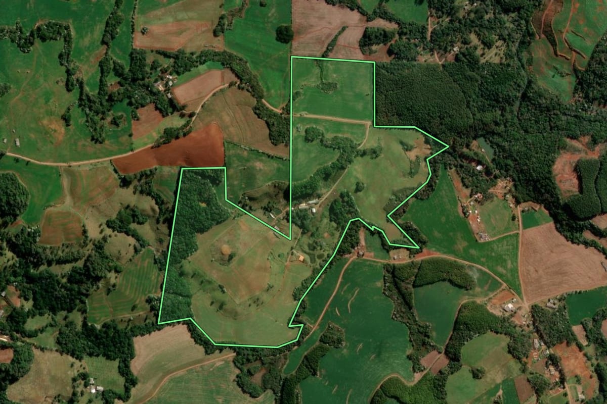 Imagem de satélite do imóvel rural em Francisco Beltrão (PR), com o contorno declarado no CAR desenhado por cima.