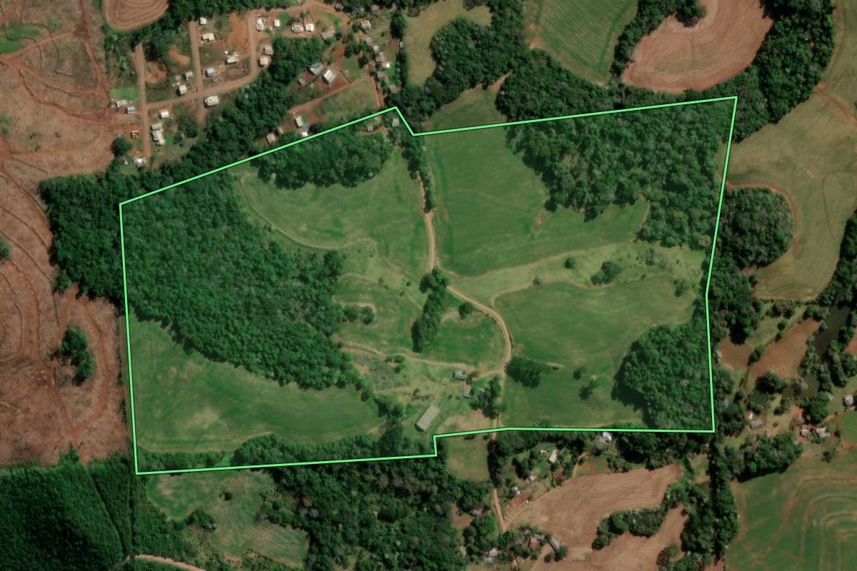 Imagem de satélite do imóvel rural em Francisco Beltrão (PR), com o contorno declarado no CAR desenhado por cima.