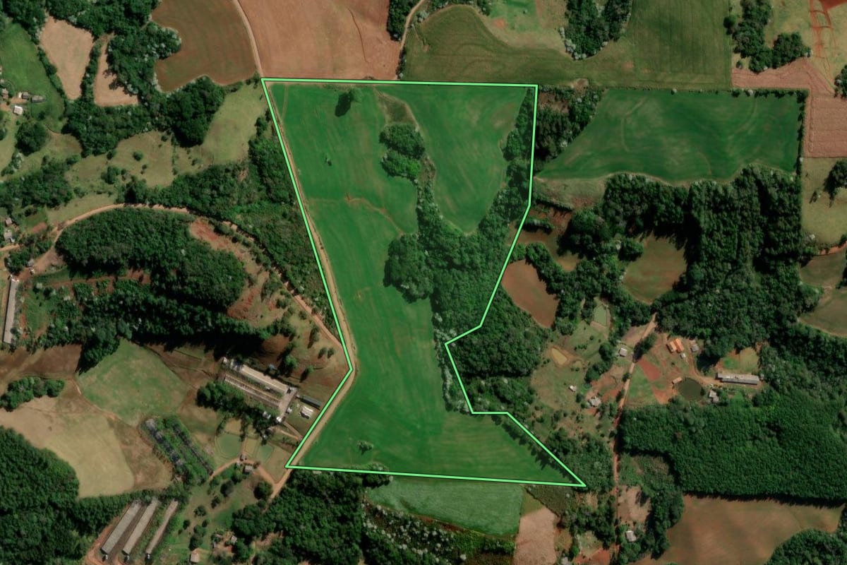 Imagem de satélite do imóvel rural em Francisco Beltrão (PR), com o contorno declarado no CAR desenhado por cima.