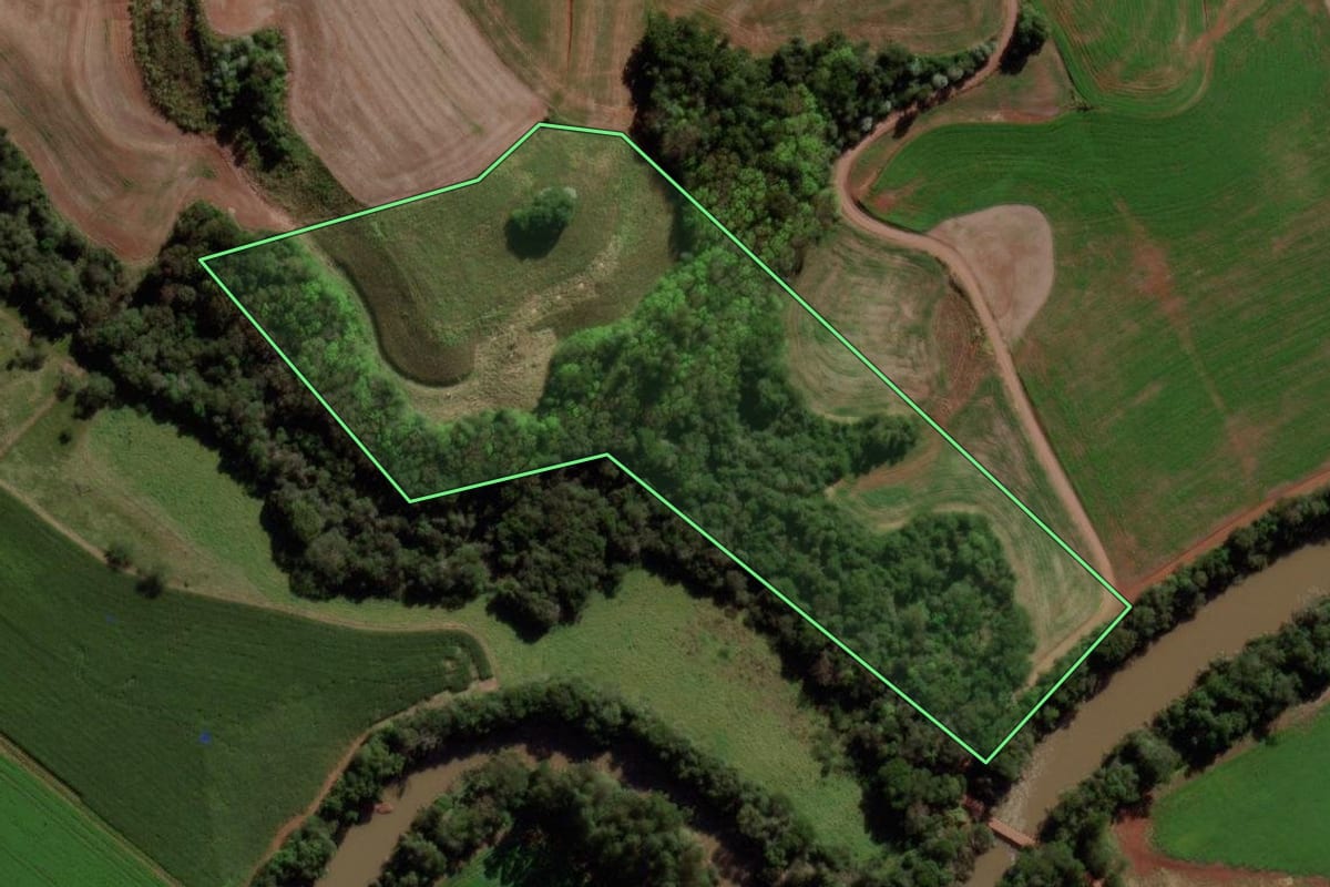 Imagem de satélite do imóvel rural em Francisco Beltrão (PR), com o contorno declarado no CAR desenhado por cima.