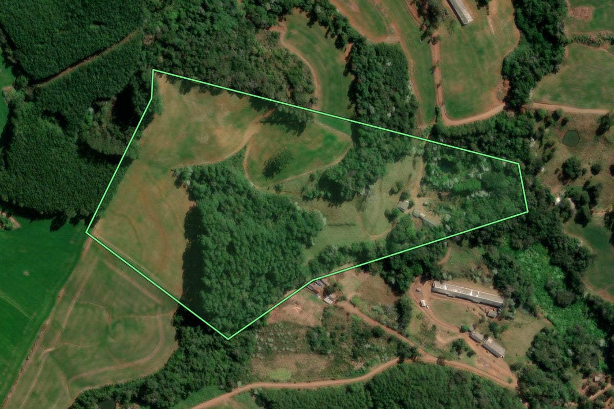 Imagem de satélite do imóvel rural em Francisco Beltrão (PR), com o contorno declarado no CAR desenhado por cima.