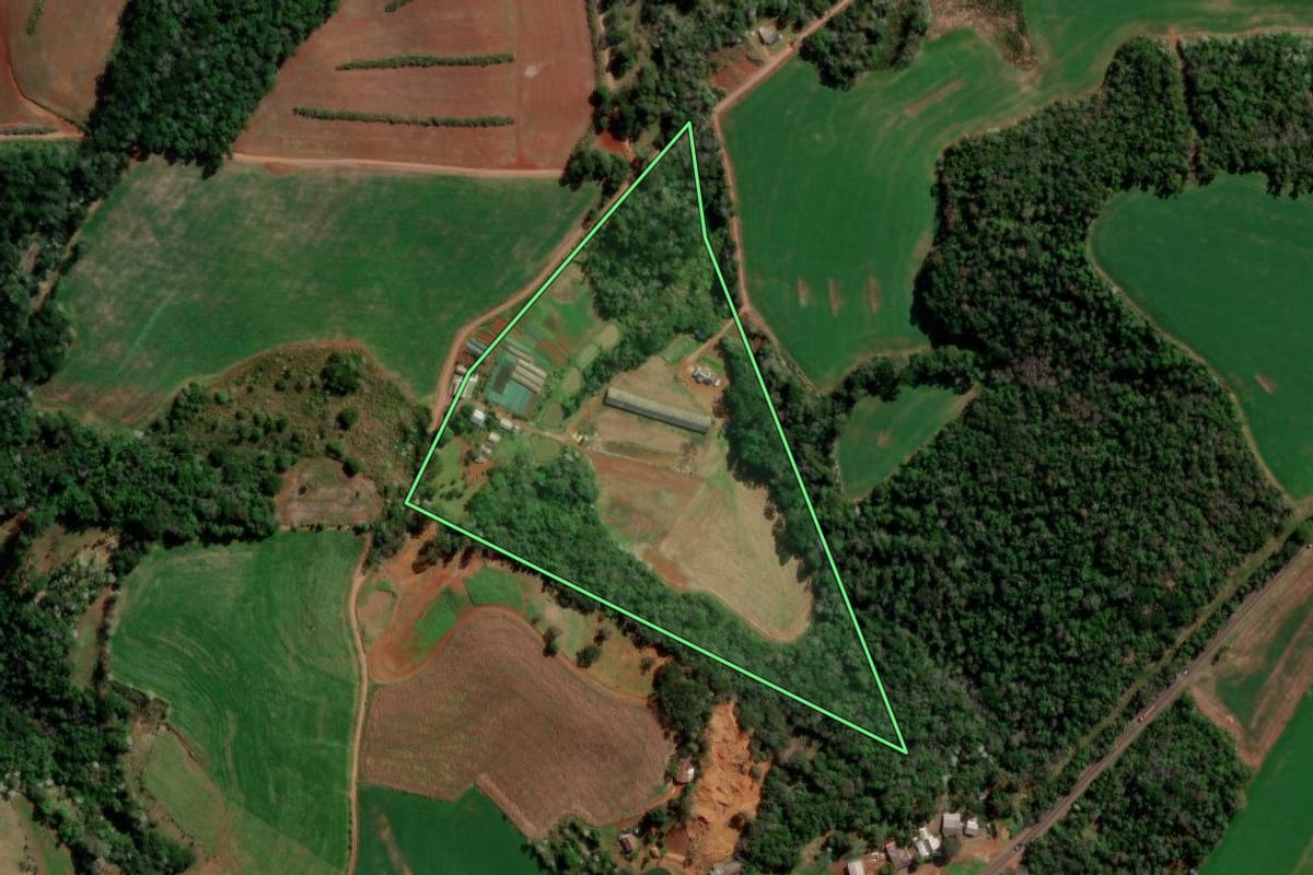 Imagem de satélite do imóvel rural em Francisco Beltrão (PR), com o contorno declarado no CAR desenhado por cima.