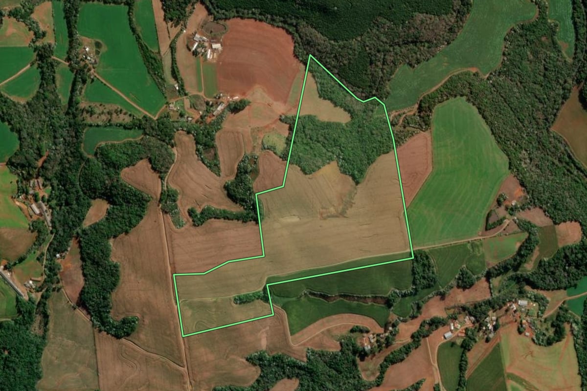 Imagem de satélite do imóvel rural em Francisco Beltrão (PR), com o contorno declarado no CAR desenhado por cima.