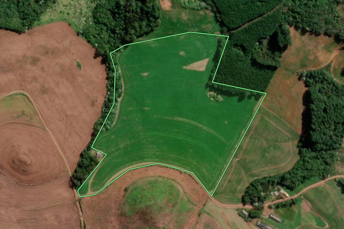 Imagem de satélite do imóvel rural em Francisco Beltrão (PR), com o contorno declarado no CAR desenhado por cima.