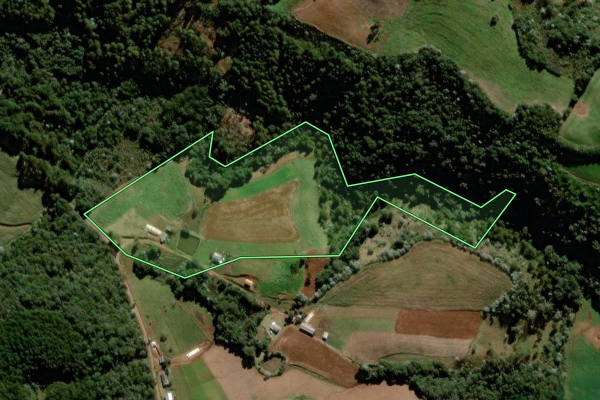 Imagem de satélite do imóvel rural em Francisco Beltrão (PR), com o contorno declarado no CAR desenhado por cima.