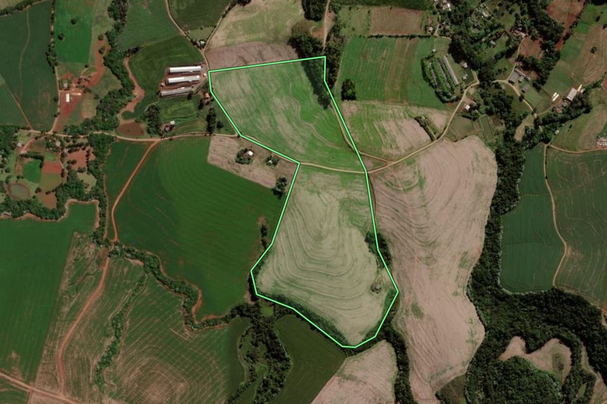 Imagem de satélite do imóvel rural em Francisco Beltrão (PR), com o contorno declarado no CAR desenhado por cima.