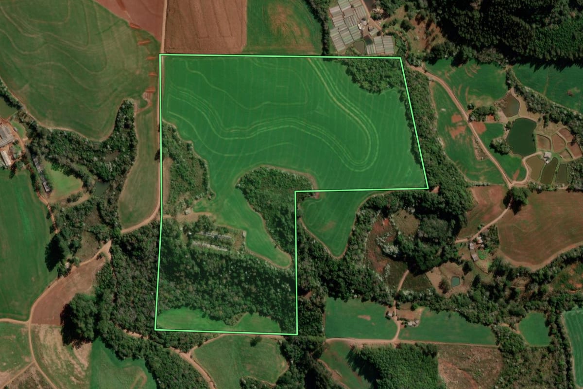 Imagem de satélite do imóvel rural em Francisco Beltrão (PR), com o contorno declarado no CAR desenhado por cima.