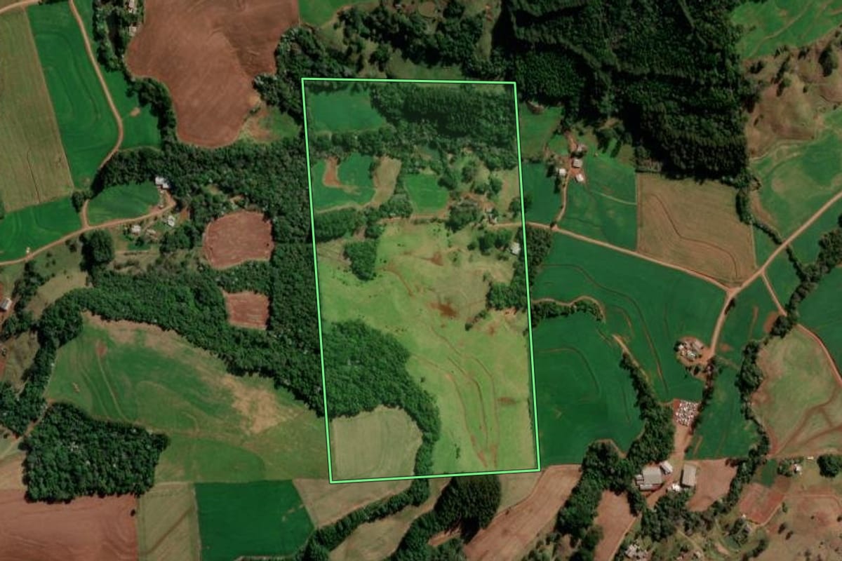 Imagem de satélite do imóvel rural em Francisco Beltrão (PR), com o contorno declarado no CAR desenhado por cima.