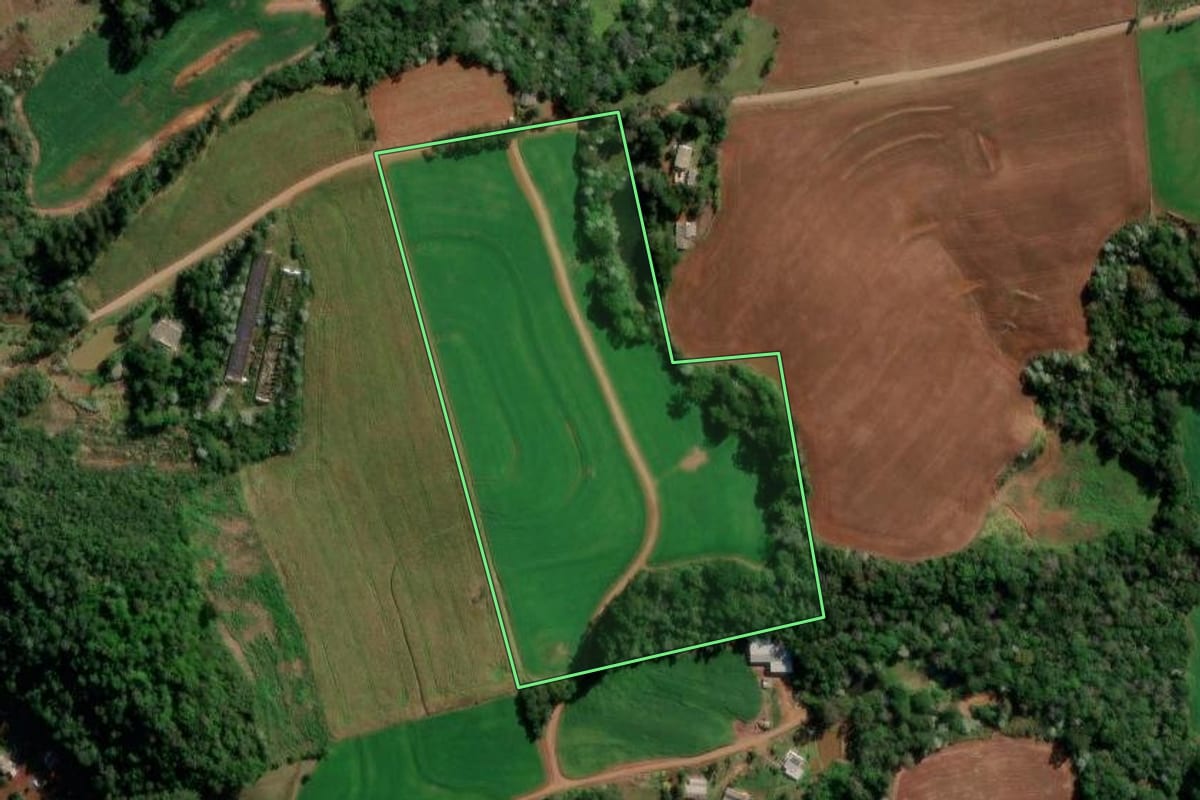 Imagem de satélite do imóvel rural em Francisco Beltrão (PR), com o contorno declarado no CAR desenhado por cima.