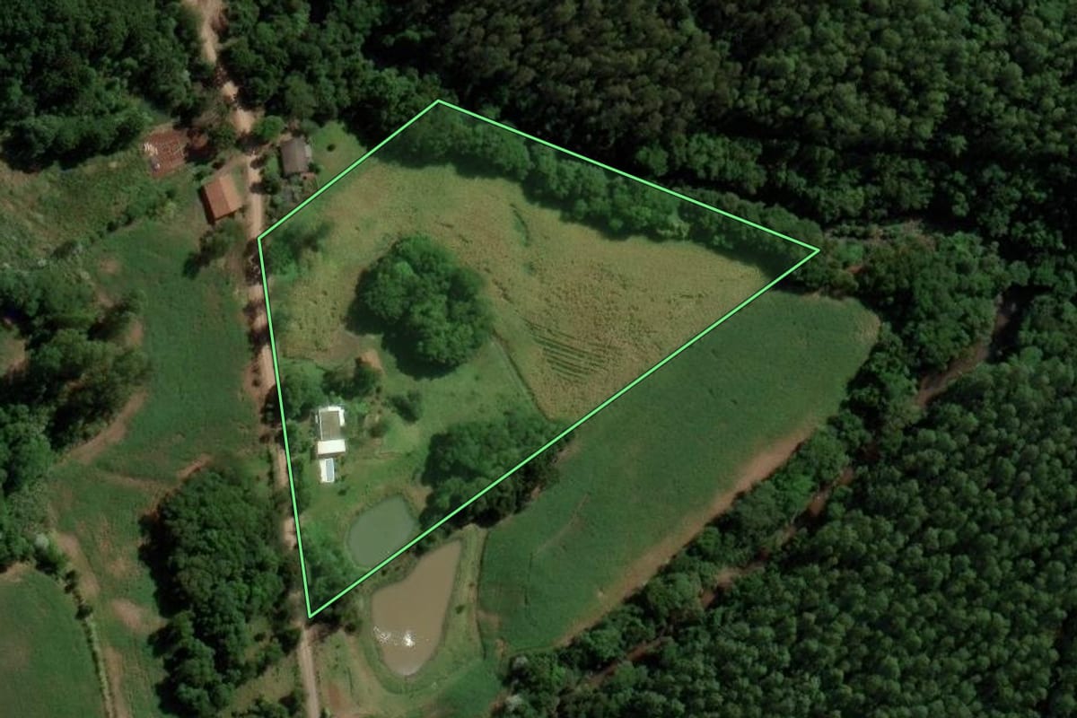 Imagem de satélite do imóvel rural em Francisco Beltrão (PR), com o contorno declarado no CAR desenhado por cima.