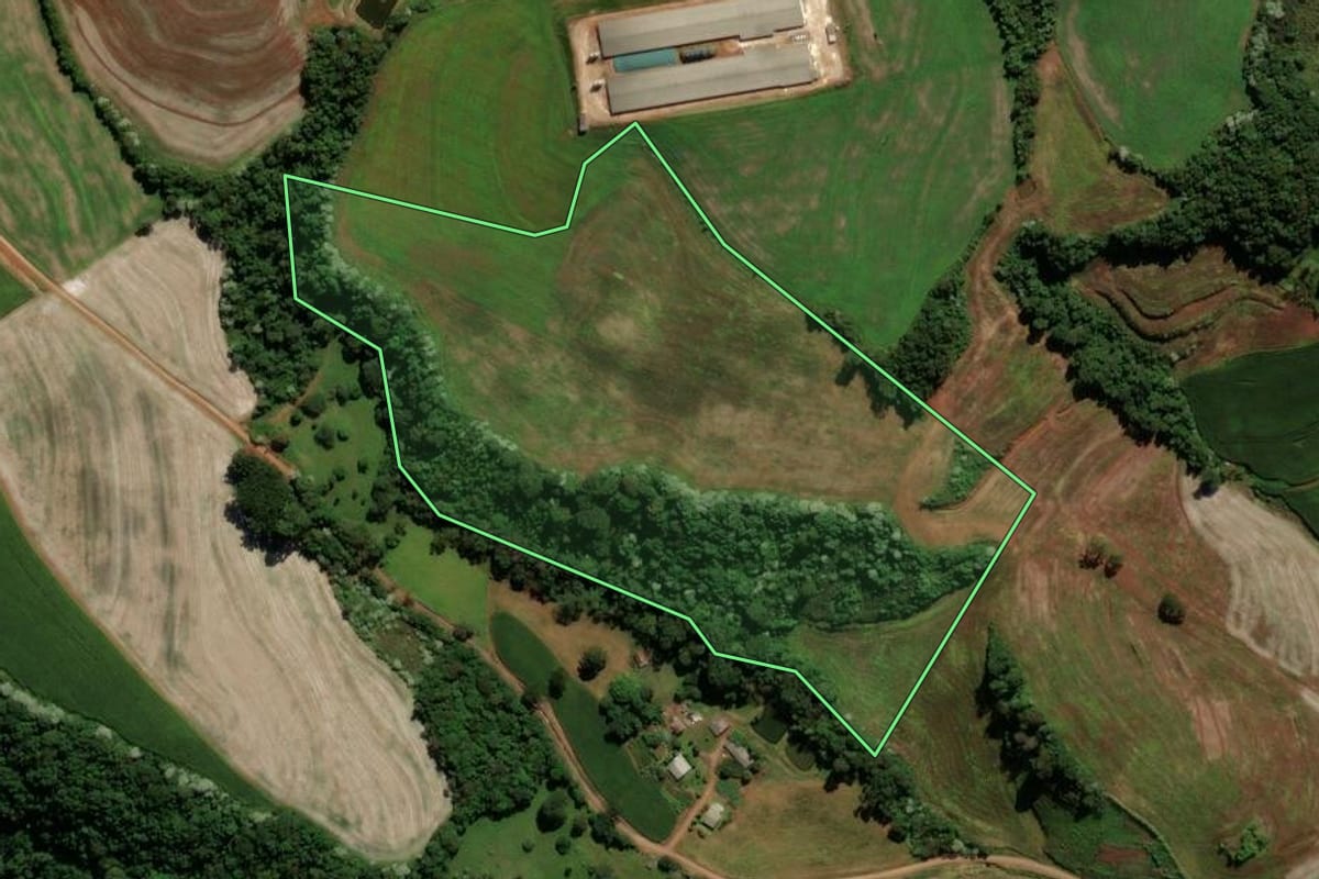 Imagem de satélite do imóvel rural em Francisco Beltrão (PR), com o contorno declarado no CAR desenhado por cima.