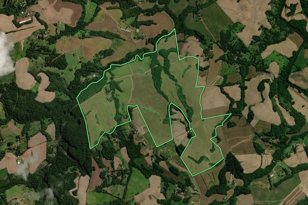 Imagem de satélite do imóvel rural em Francisco Beltrão (PR), com o contorno declarado no CAR desenhado por cima.