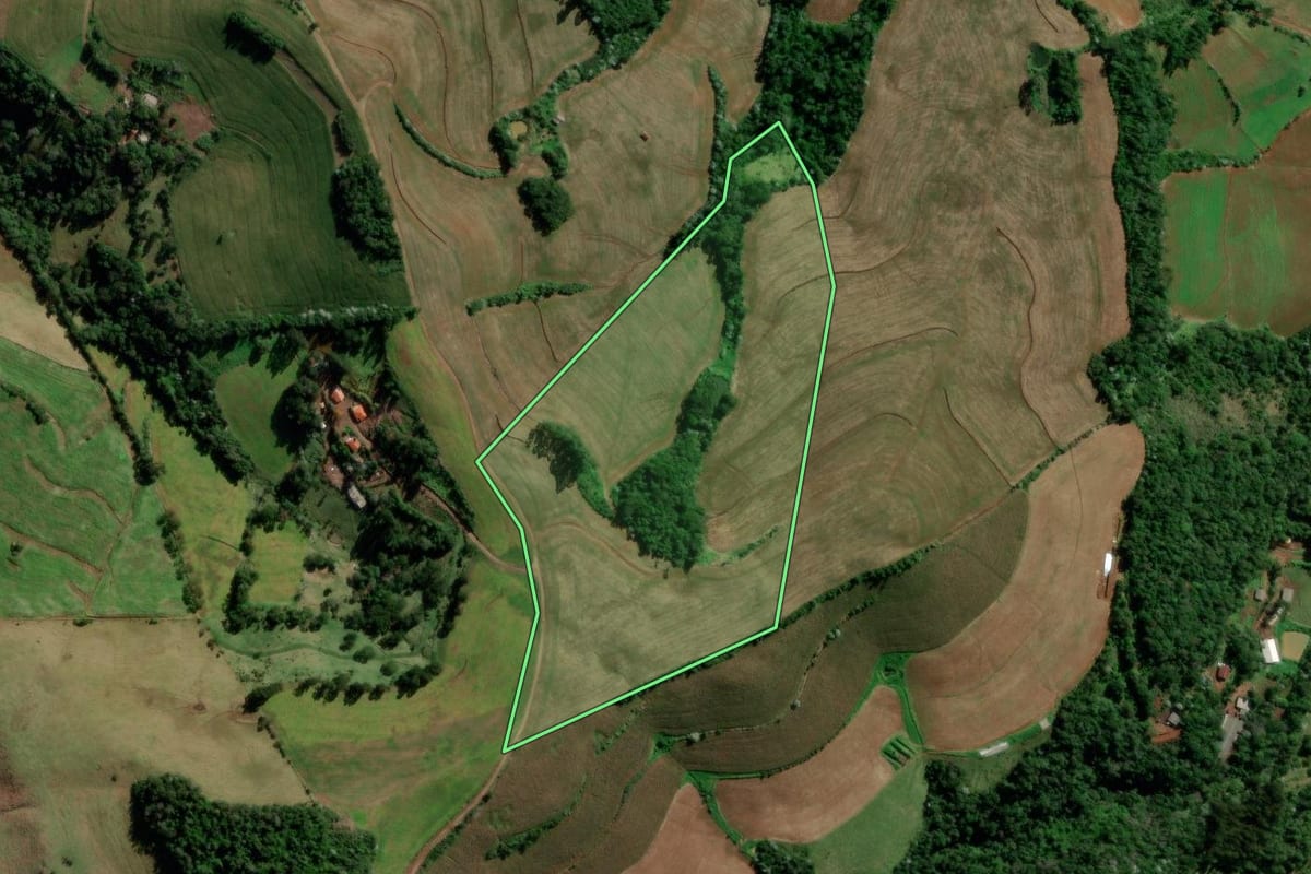 Imagem de satélite do imóvel rural em Francisco Beltrão (PR), com o contorno declarado no CAR desenhado por cima.