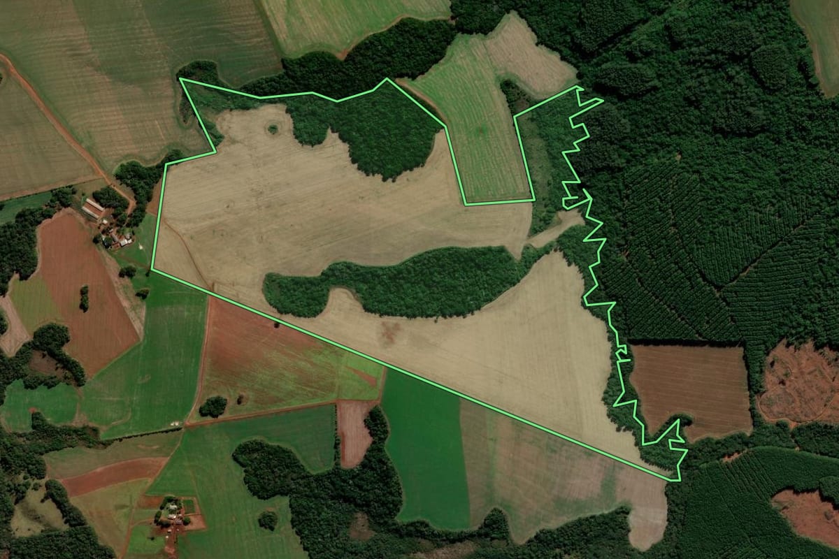 Imagem de satélite do imóvel rural em Foz do Jordão (PR), com o contorno declarado no CAR desenhado por cima.