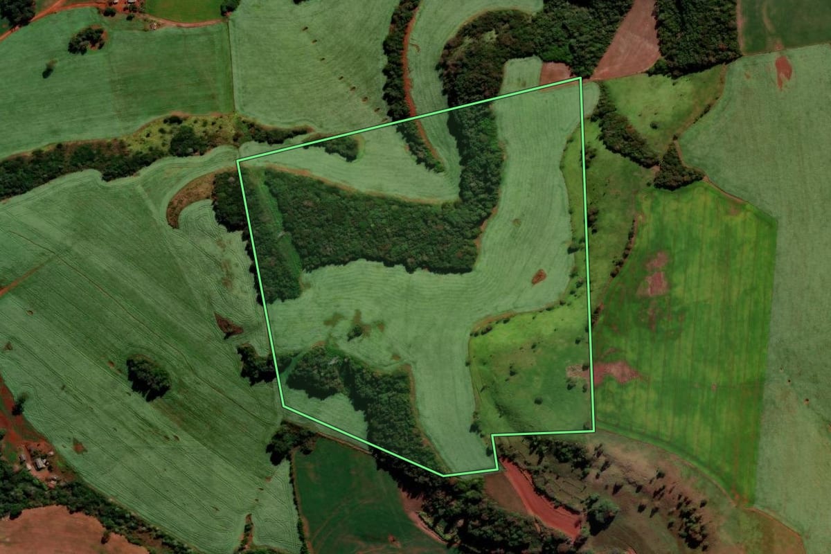 Imagem de satélite do imóvel rural em Foz do Jordão (PR), com o contorno declarado no CAR desenhado por cima.