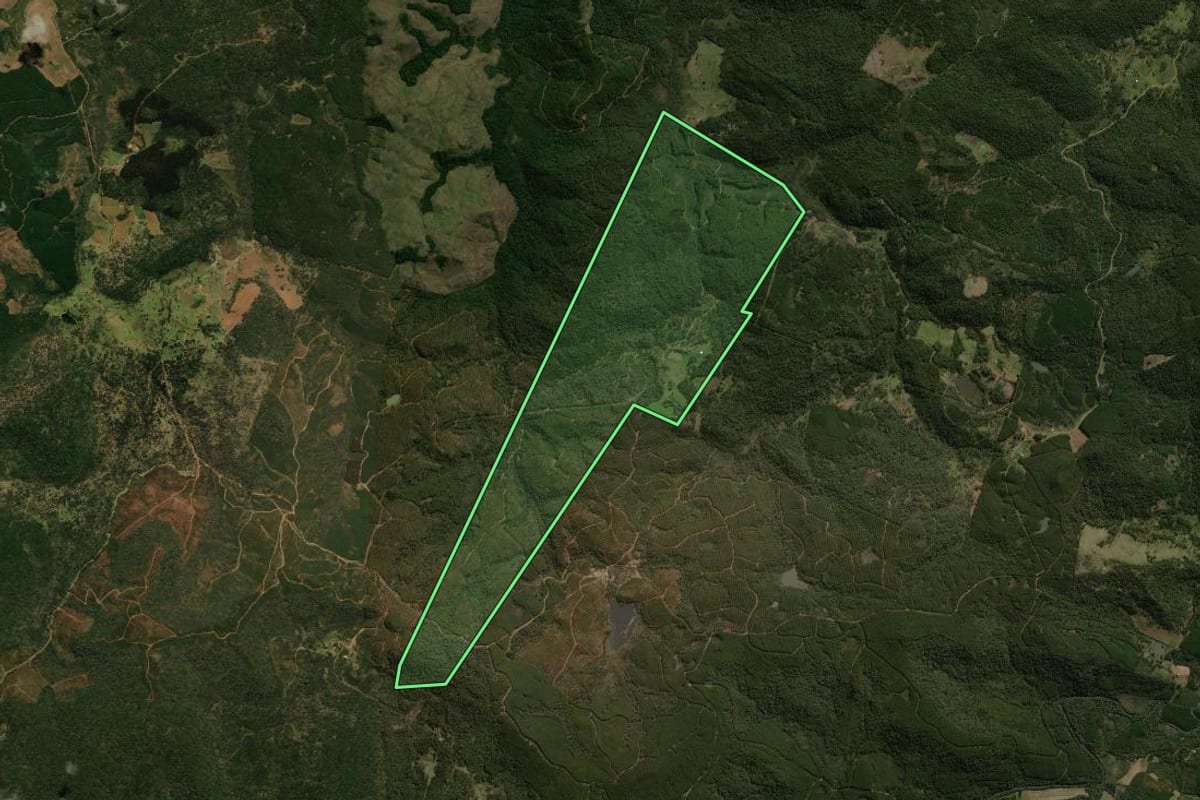 Imagem de satélite do imóvel rural em General Carneiro (PR), com o contorno declarado no CAR desenhado por cima.