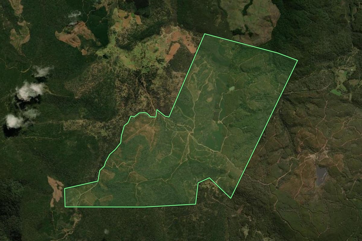 Imagem de satélite do imóvel rural em General Carneiro (PR), com o contorno declarado no CAR desenhado por cima.