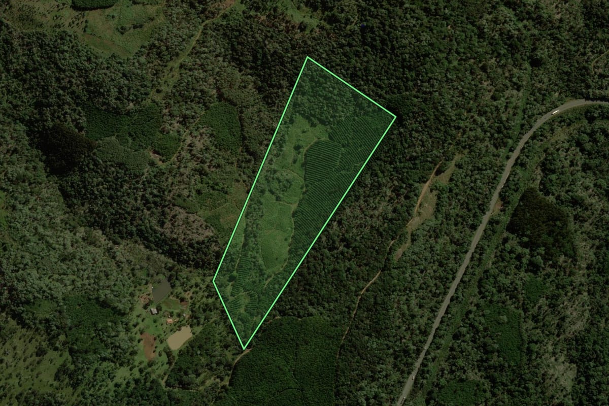 Imagem de satélite do imóvel rural em General Carneiro (PR), com o contorno declarado no CAR desenhado por cima.