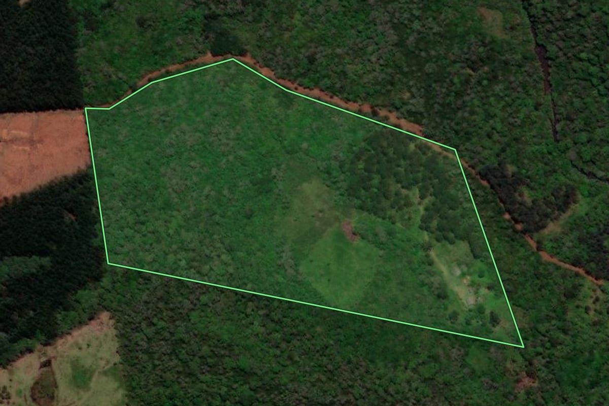 Imagem de satélite do imóvel rural em General Carneiro (PR), com o contorno declarado no CAR desenhado por cima.