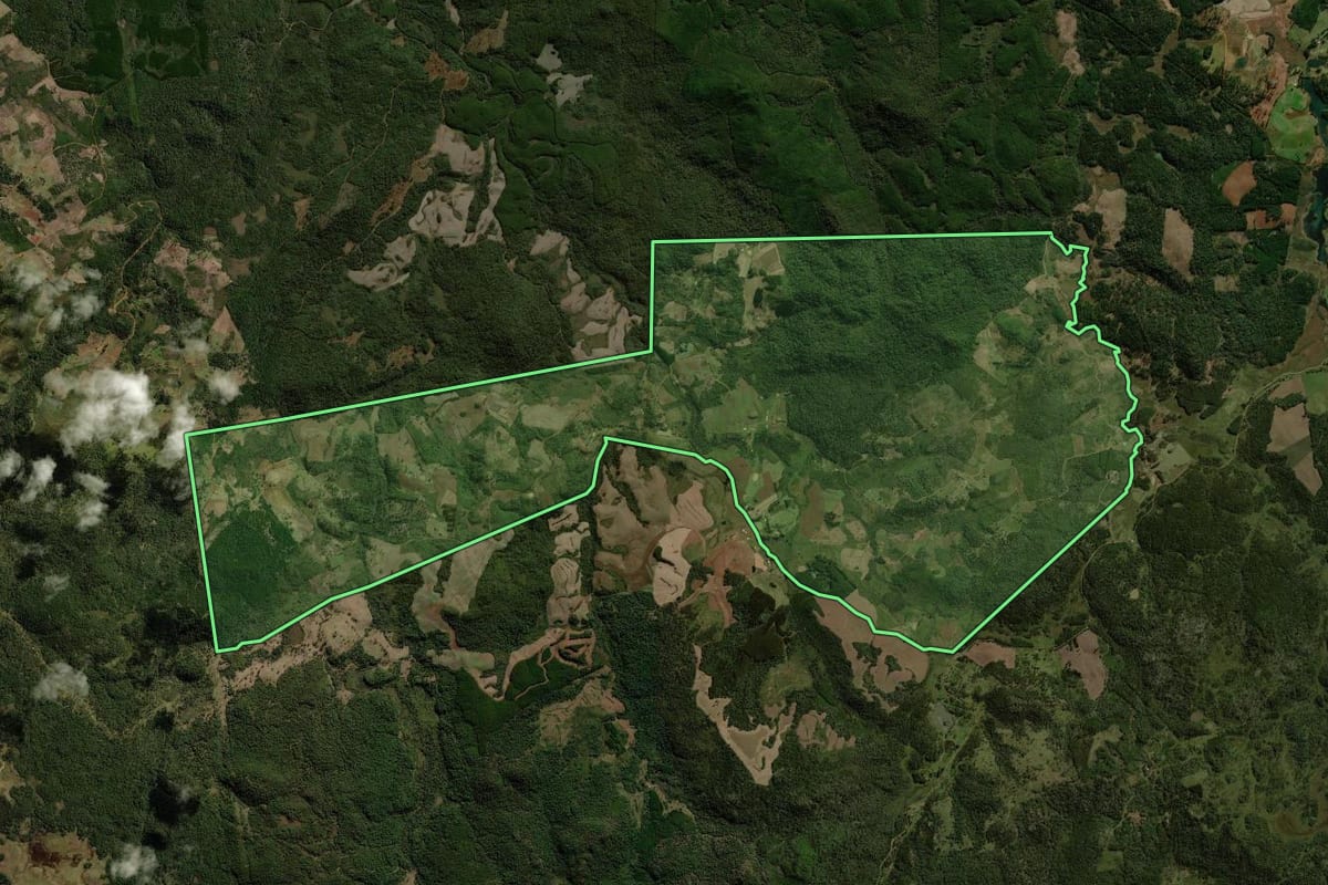 Imagem de satélite do imóvel rural em General Carneiro (PR), com o contorno declarado no CAR desenhado por cima.