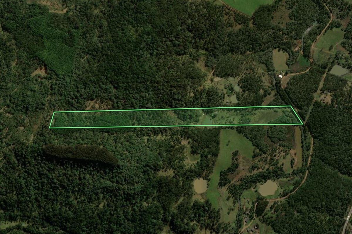 Imagem de satélite do imóvel rural em General Carneiro (PR), com o contorno declarado no CAR desenhado por cima.