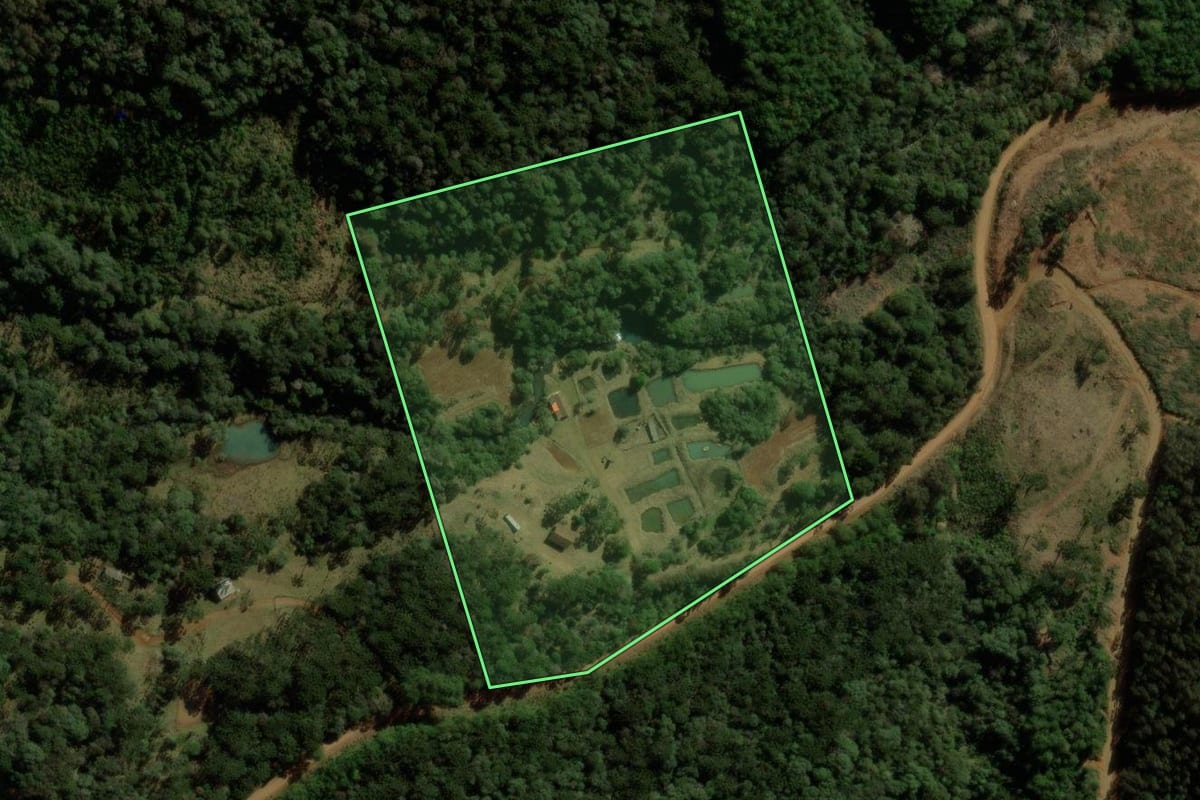 Imagem de satélite do imóvel rural em General Carneiro (PR), com o contorno declarado no CAR desenhado por cima.