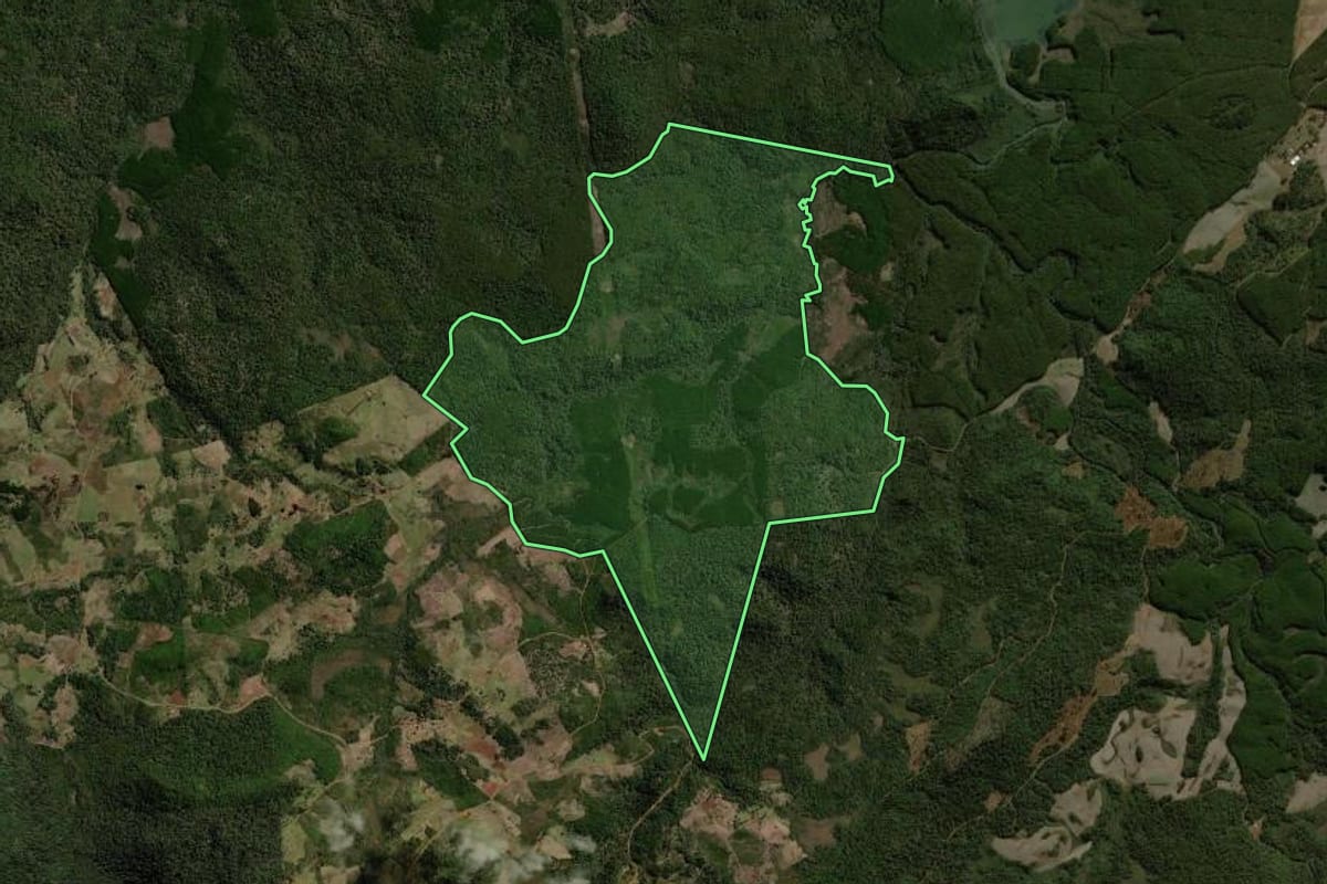 Imagem de satélite do imóvel rural em General Carneiro (PR), com o contorno declarado no CAR desenhado por cima.