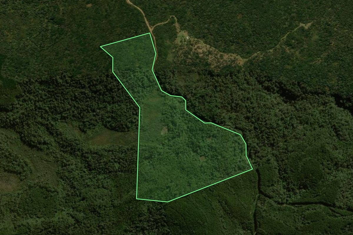 Imagem de satélite do imóvel rural em General Carneiro (PR), com o contorno declarado no CAR desenhado por cima.