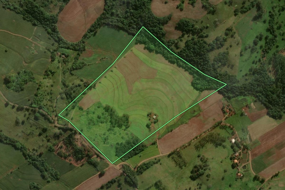 Imagem de satélite do imóvel rural em Godoy Moreira (PR), com o contorno declarado no CAR desenhado por cima.