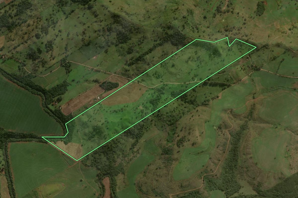 Imagem de satélite do imóvel rural em Godoy Moreira (PR), com o contorno declarado no CAR desenhado por cima.
