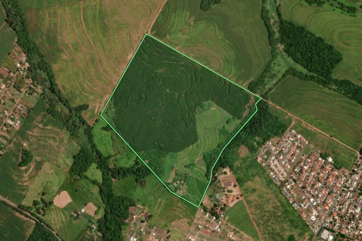 Imagem de satélite do imóvel rural em Goioerê (PR), com o contorno declarado no CAR desenhado por cima.