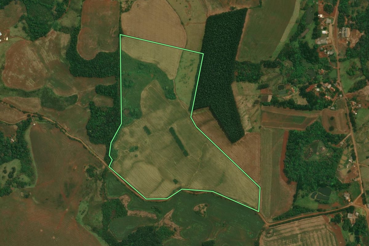Imagem de satélite do imóvel rural em Goioxim (PR), com o contorno declarado no CAR desenhado por cima.