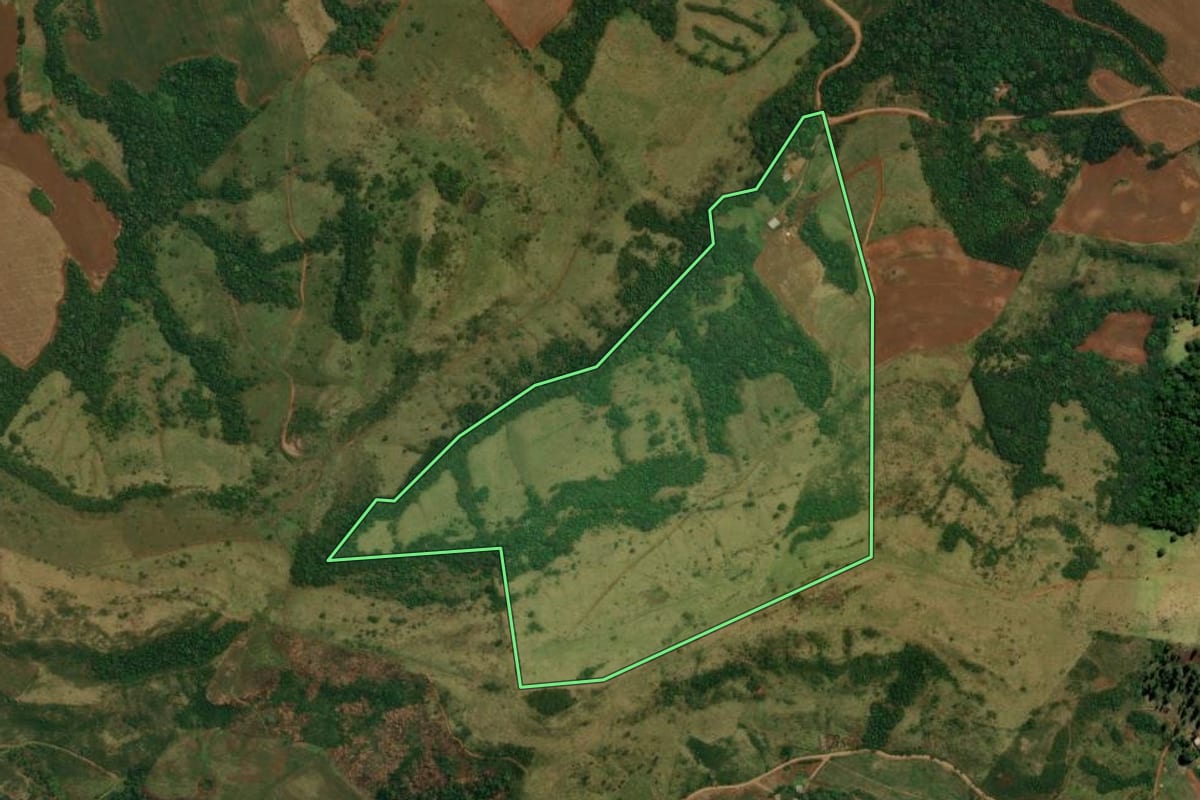 Imagem de satélite do imóvel rural em Goioxim (PR), com o contorno declarado no CAR desenhado por cima.
