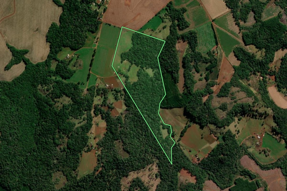 Imagem de satélite do imóvel rural em Goioxim (PR), com o contorno declarado no CAR desenhado por cima.