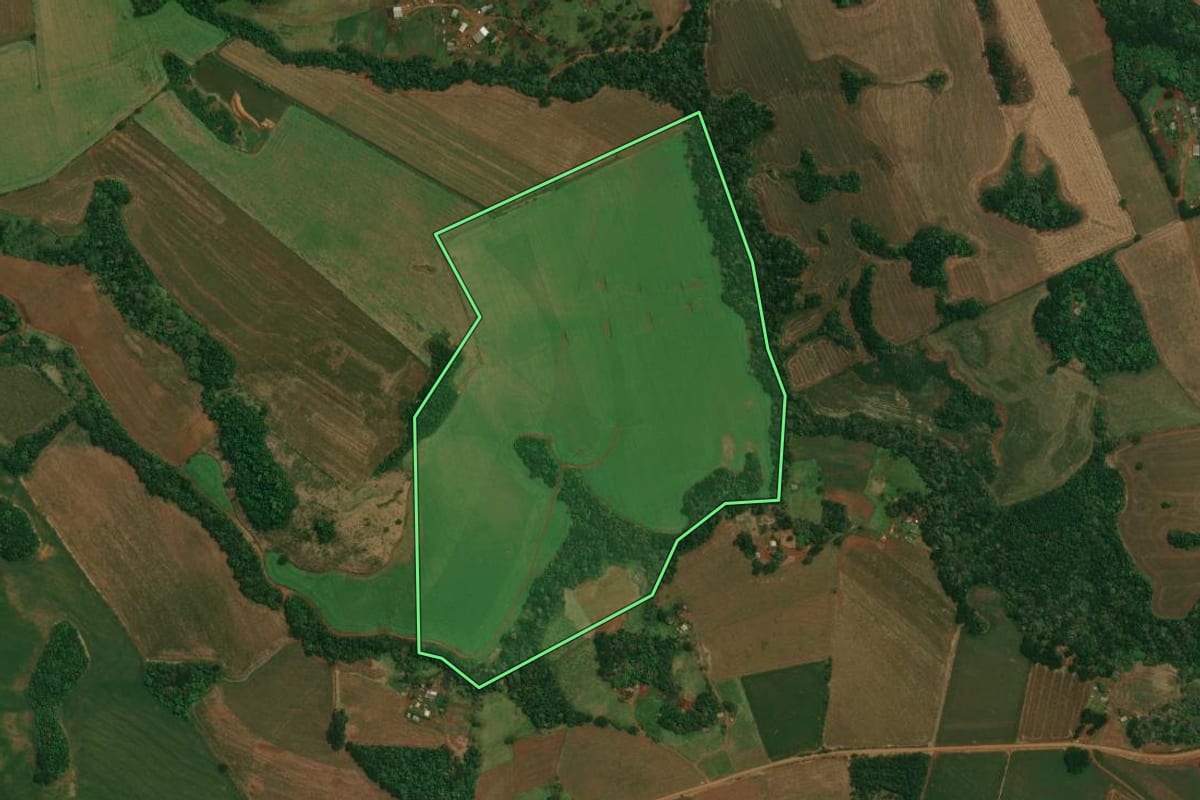 Imagem de satélite do imóvel rural em Goioxim (PR), com o contorno declarado no CAR desenhado por cima.