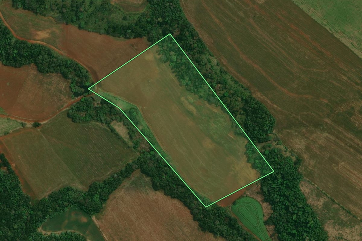 Imagem de satélite do imóvel rural em Goioxim (PR), com o contorno declarado no CAR desenhado por cima.