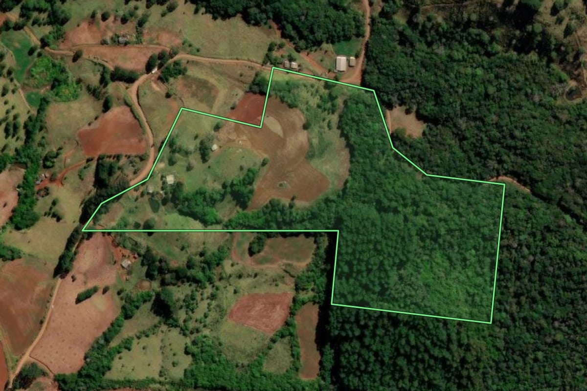 Imagem de satélite do imóvel rural em Goioxim (PR), com o contorno declarado no CAR desenhado por cima.
