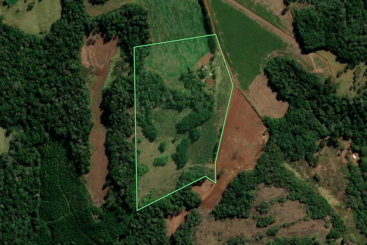 Imagem de satélite do imóvel rural em Goioxim (PR), com o contorno declarado no CAR desenhado por cima.