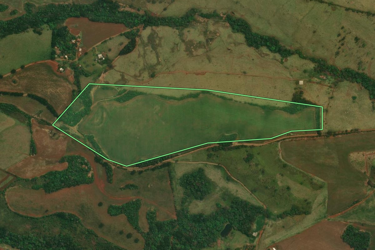 Imagem de satélite do imóvel rural em Goioxim (PR), com o contorno declarado no CAR desenhado por cima.
