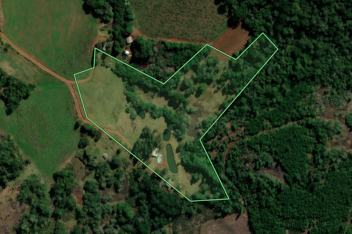 Imagem de satélite do imóvel rural em Goioxim (PR), com o contorno declarado no CAR desenhado por cima.