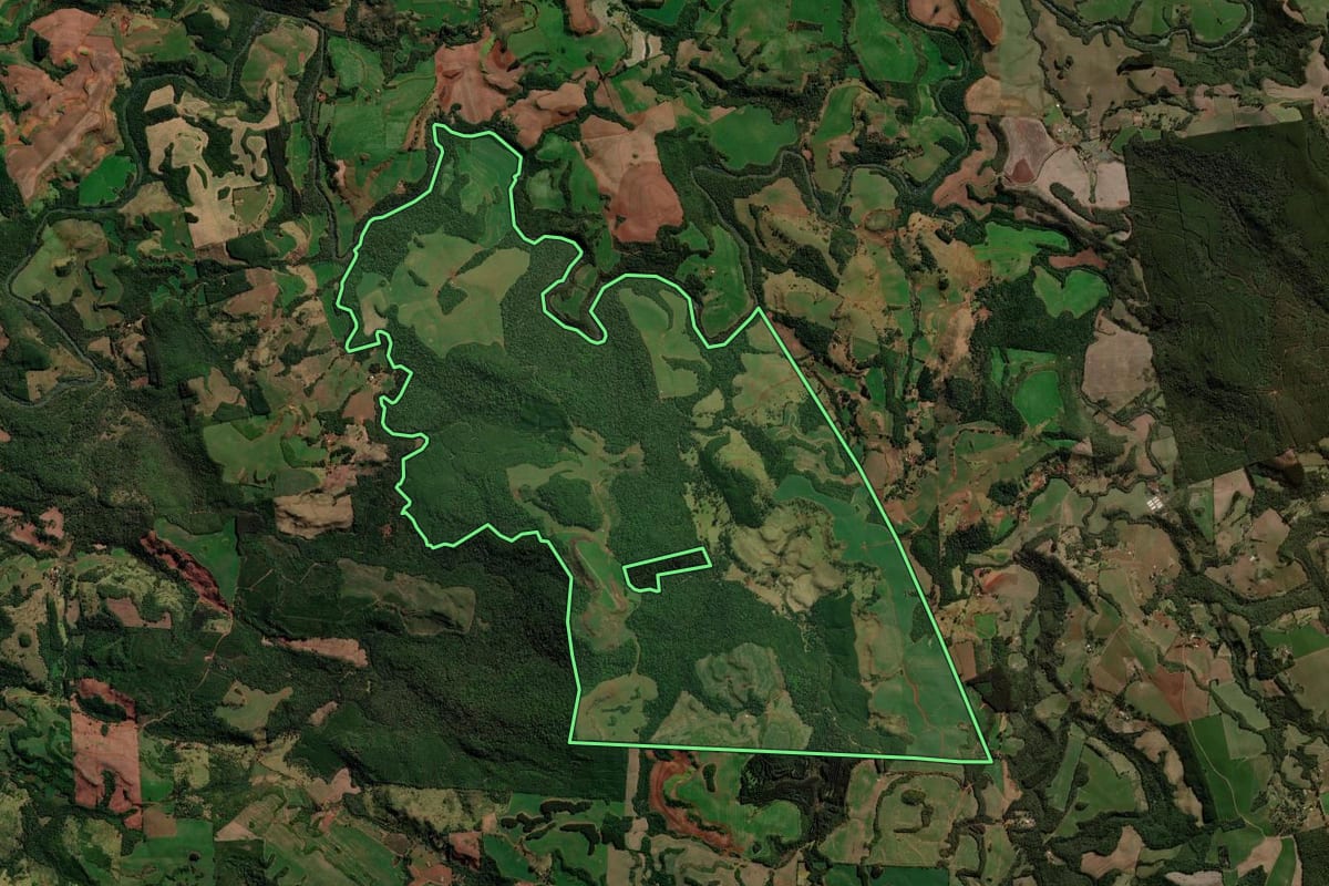 Imagem de satélite do imóvel rural em Goioxim (PR), com o contorno declarado no CAR desenhado por cima.