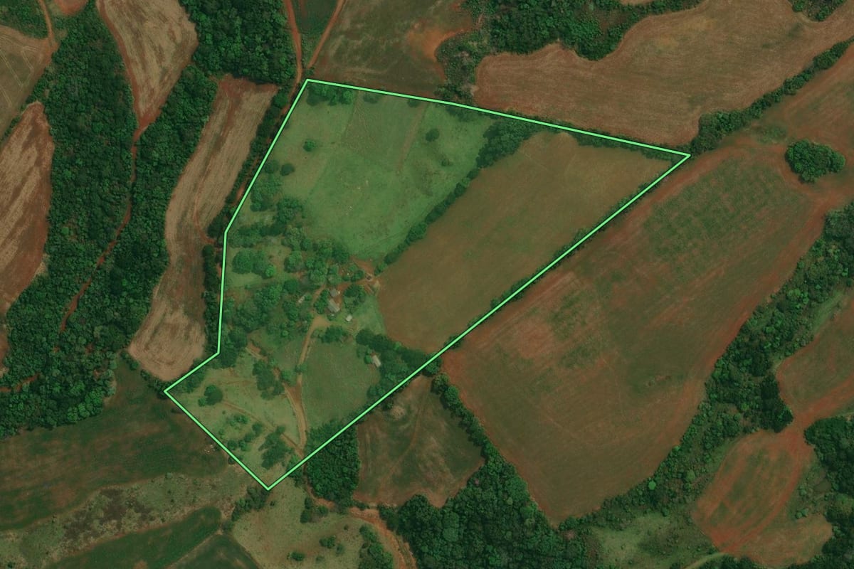 Imagem de satélite do imóvel rural em Goioxim (PR), com o contorno declarado no CAR desenhado por cima.