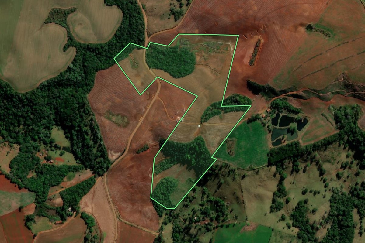 Imagem de satélite do imóvel rural em Goioxim (PR), com o contorno declarado no CAR desenhado por cima.